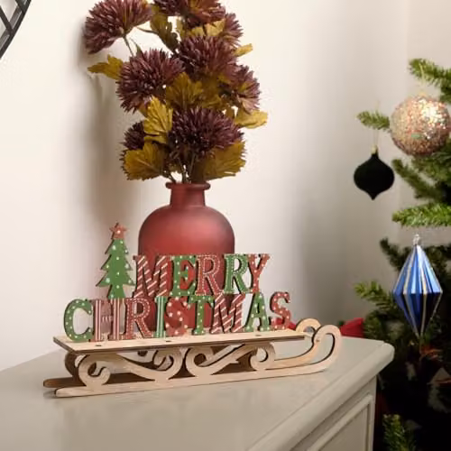 Melody Maison Rustic Wooden Merry Christmas Sleigh Sign in Red and Green, H: 28.0 cm, W: 15.0 cm, D: 5.5 cm – 3