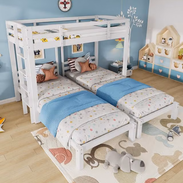 Aosom UK Triple Bunk Bed Space-Saving Sleeper with Ladder, Bedside Storage and Safety Rails, White, L: 204 cm, W: 198 cm, H: 162.5 cm – 1