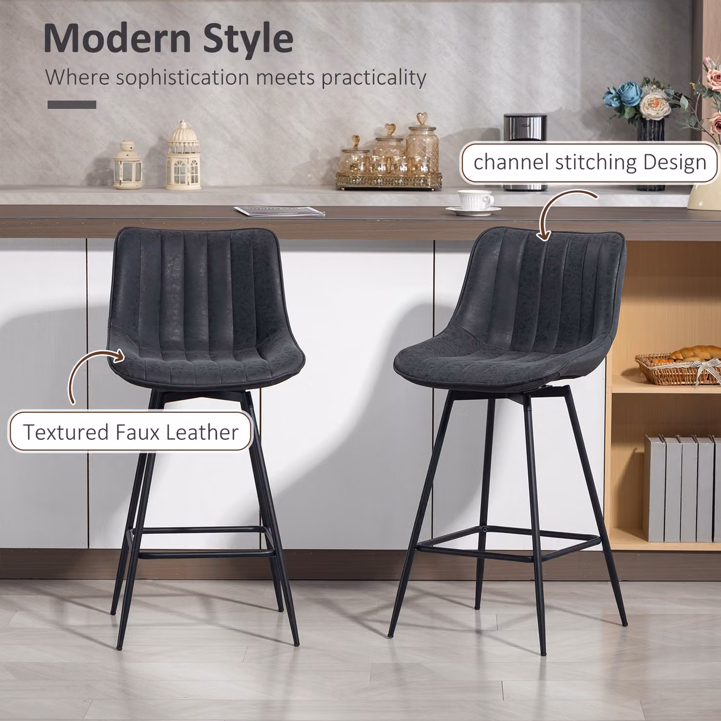 HOMCOM Set of 2 Black PU Leather Swivel Bar Stools – 4
