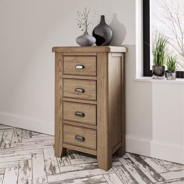 Home Source Holcombe Ready Assembled Oak Narrow Chest with 4 Drawers in Brown