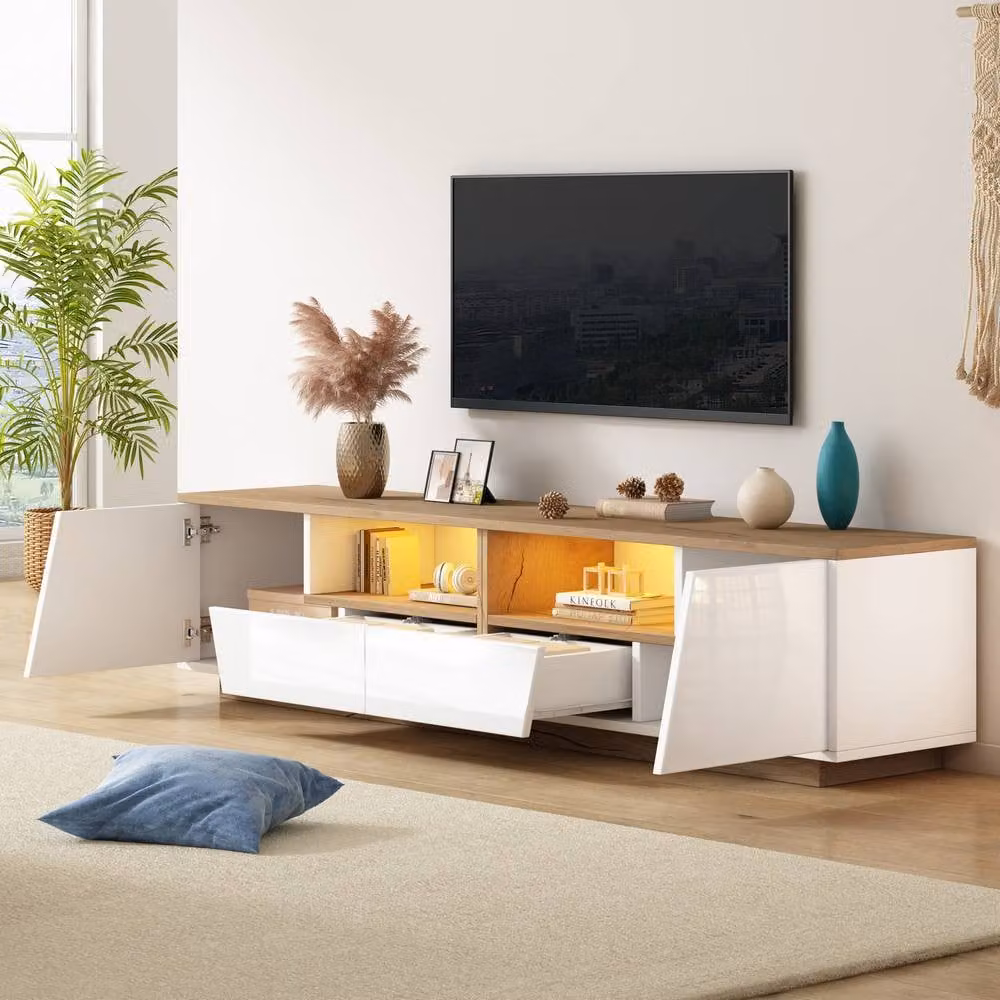 Rolipo Modern White Oak LED TV Stand with Integrated Lighting and Media Compartments, 180 cm – 6