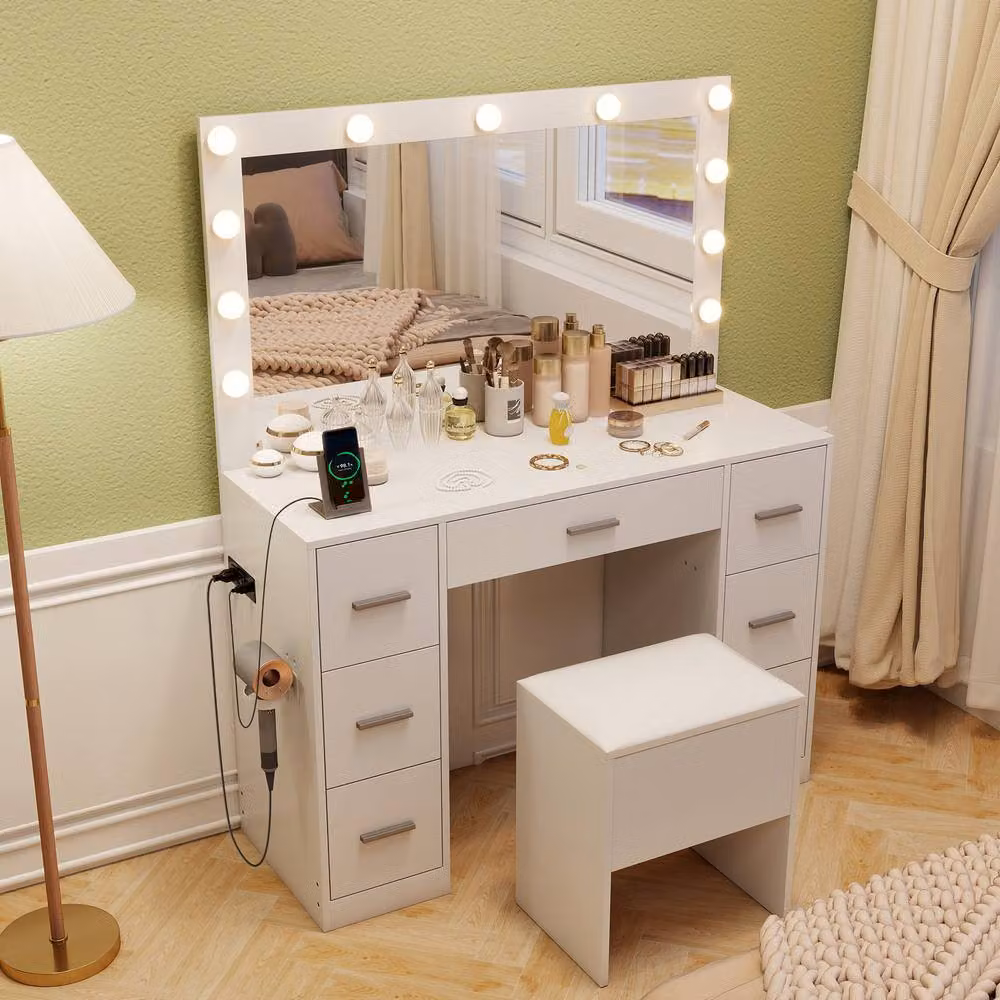 Costway Modern White Vanity Desk Set with Hollywood LED Mirror, Power Outlets and Storage Stool – 2