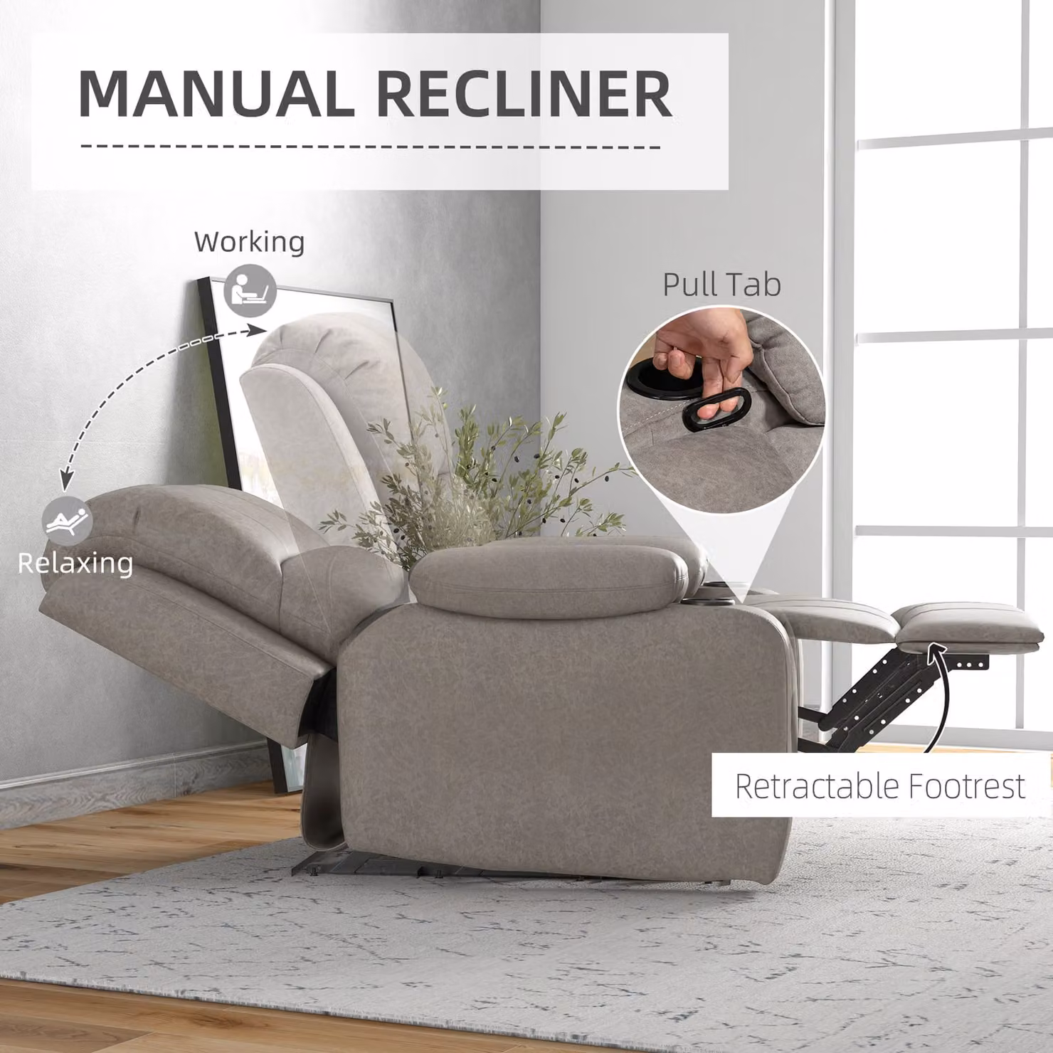 HOMCOM Microfibre Recliner Armchair in Brown with Manual Lever and Metal Frame – 4