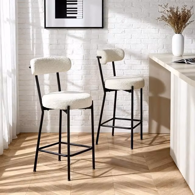 Home Garden Direct Set of 2 Lulu Bar Stools in Cream Bouclé Fabric
