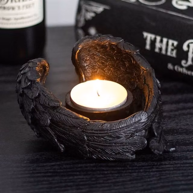 KDMK Raven Wings Gothic Tealight Candle Holder, Grey and Black