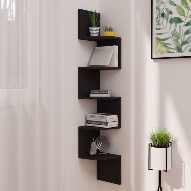 Berkfield Home Black Wall Mounted Corner Shelf in Engineered Wood, H 123 x W 19 x D 19 cm