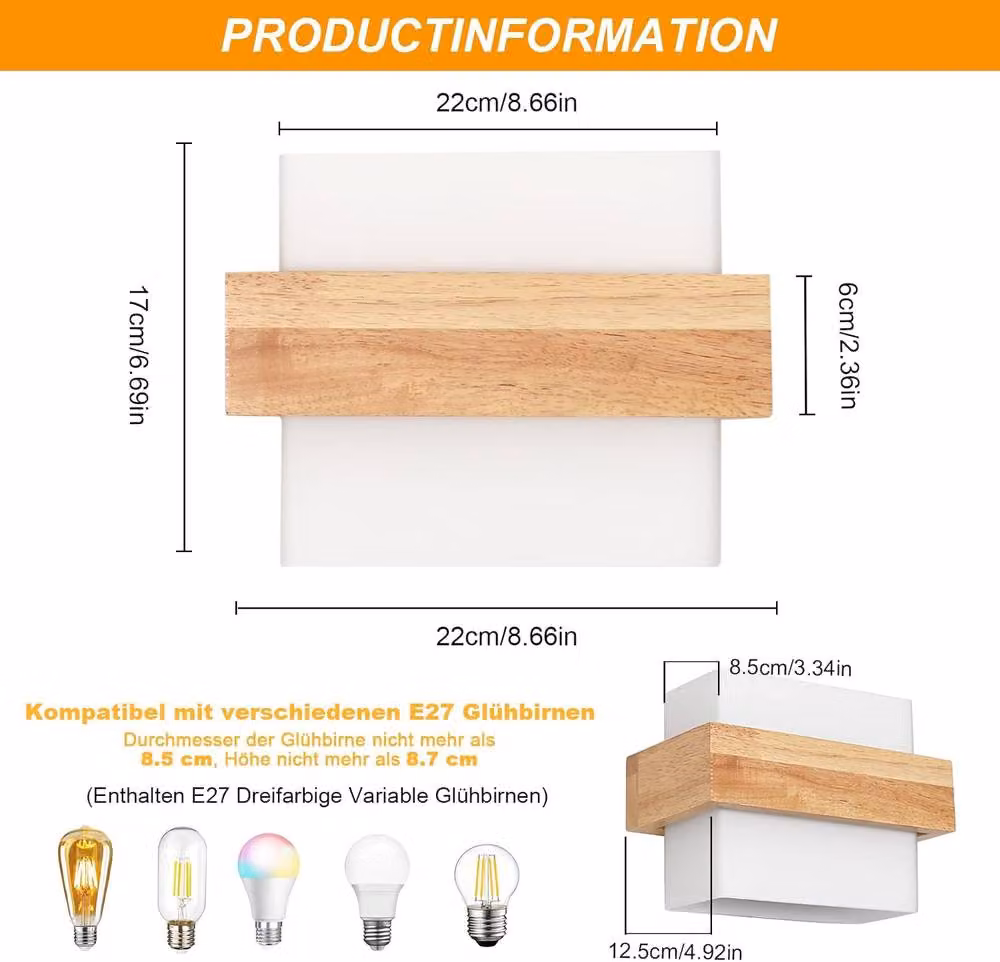 COMELY Modern Square Wooden Wall Light with Transparent Glass Shade, E27, Brown and White – 4