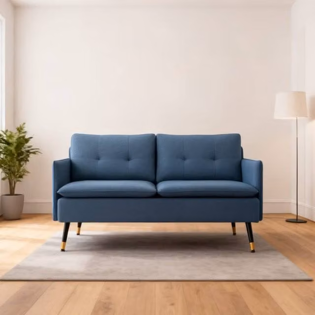ERGOVEXA Modern Two Seater Upholstered Fabric Sofa in Blue and Gold