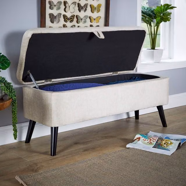 Home Source Grey Velvet Fabric Ottoman Storage Box with Wooden Legs