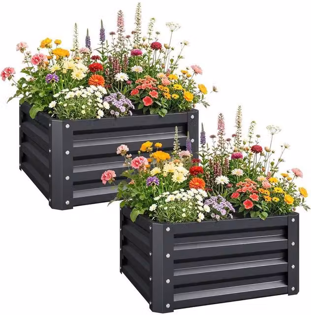 NESTLUNE Set of 2 Grey Galvanised Steel Raised Garden Planter Boxes
