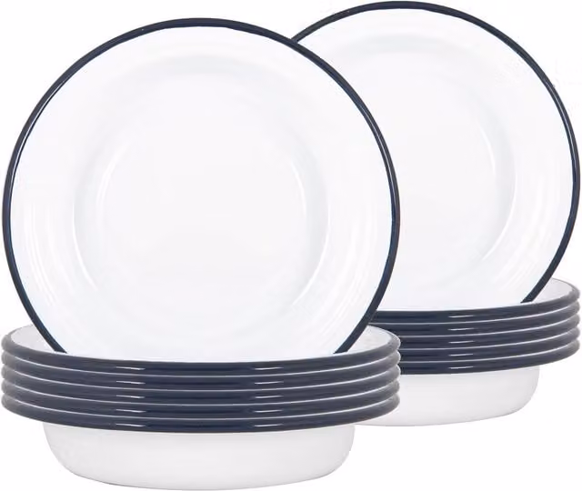 Argon Tableware White and Blue Enamel Deep Bowls, Diameter: 19 cm, Set of 12