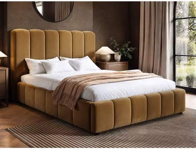 Solace+Co Emilie Ribbed Ottoman Bed in Brown Velvet and Bouclé, W/D/H: 180 x 200 x 114 cm