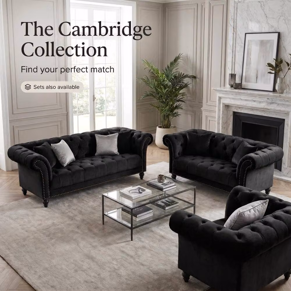 Bravich LTD Chesterfield 1 Seater Velvet Sofa in Black with Buttoned Back and Rolled Arms – 6
