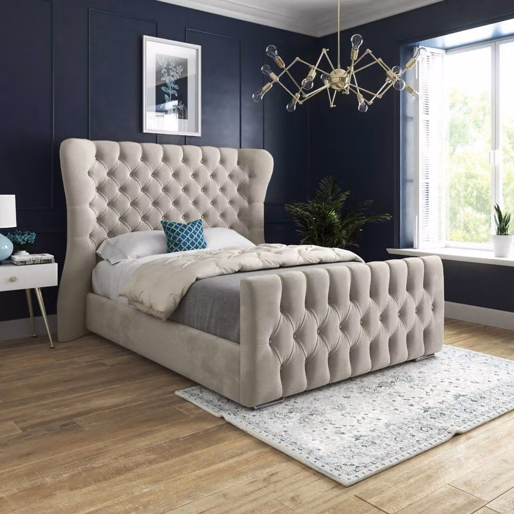 Casani Reedham Small Single Curved Winged Designer Bed Frame in Beige Soft Velvet – 2