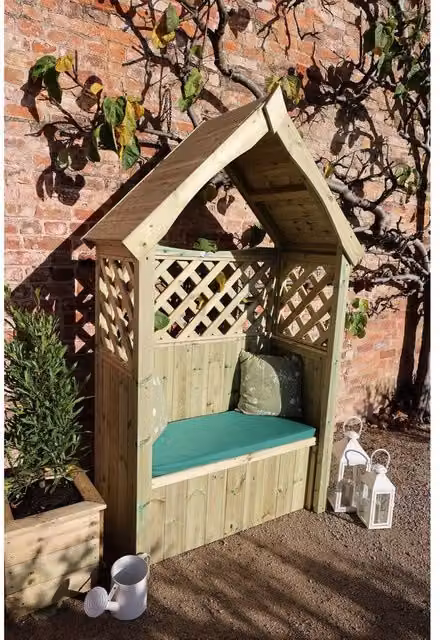 Churnet Valley Garden Furniture Ltd Daisy 2 Seat Trellis Storage Arbour with Cushions in Light Tan – 1