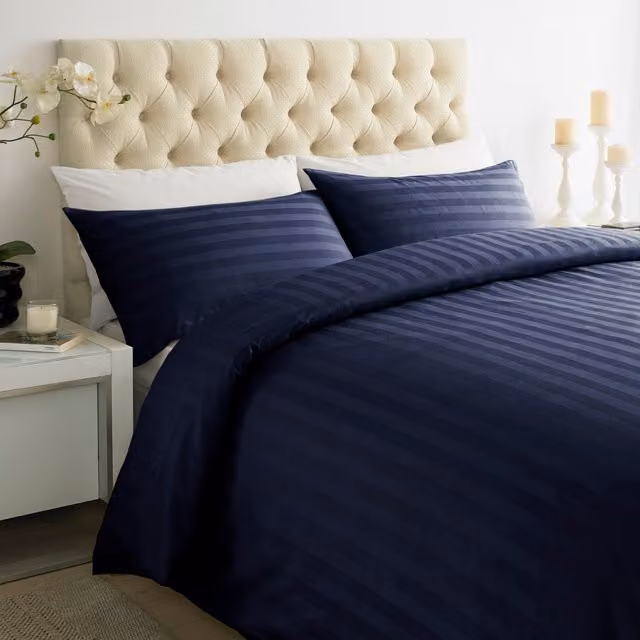 Roseley Blue Striped Mako Satin Cotton Duvet Cover and Pillowcase Set, 250TC, W: 140 cm, L: 200 cm