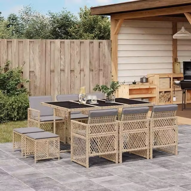 Berkfield Home 11 Piece Garden Dining Set with Beige Poly Rattan Cushions – 1