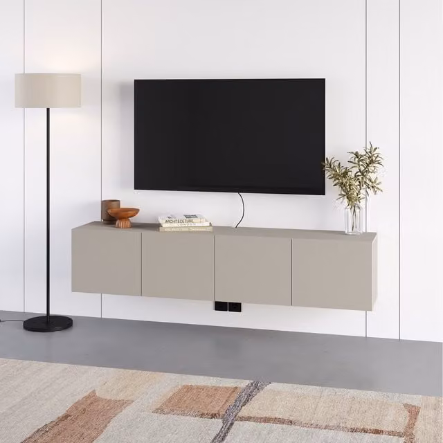 Decortie Daroca Wall Mounted TV Unit with 4 Hinged Doors in Sand Beige Matt Finish