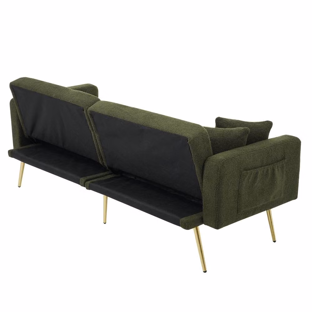 BTM Green Bouclé Fabric Click Clack Sofa Bed with Gold Legs and Scatter Cushions – 4