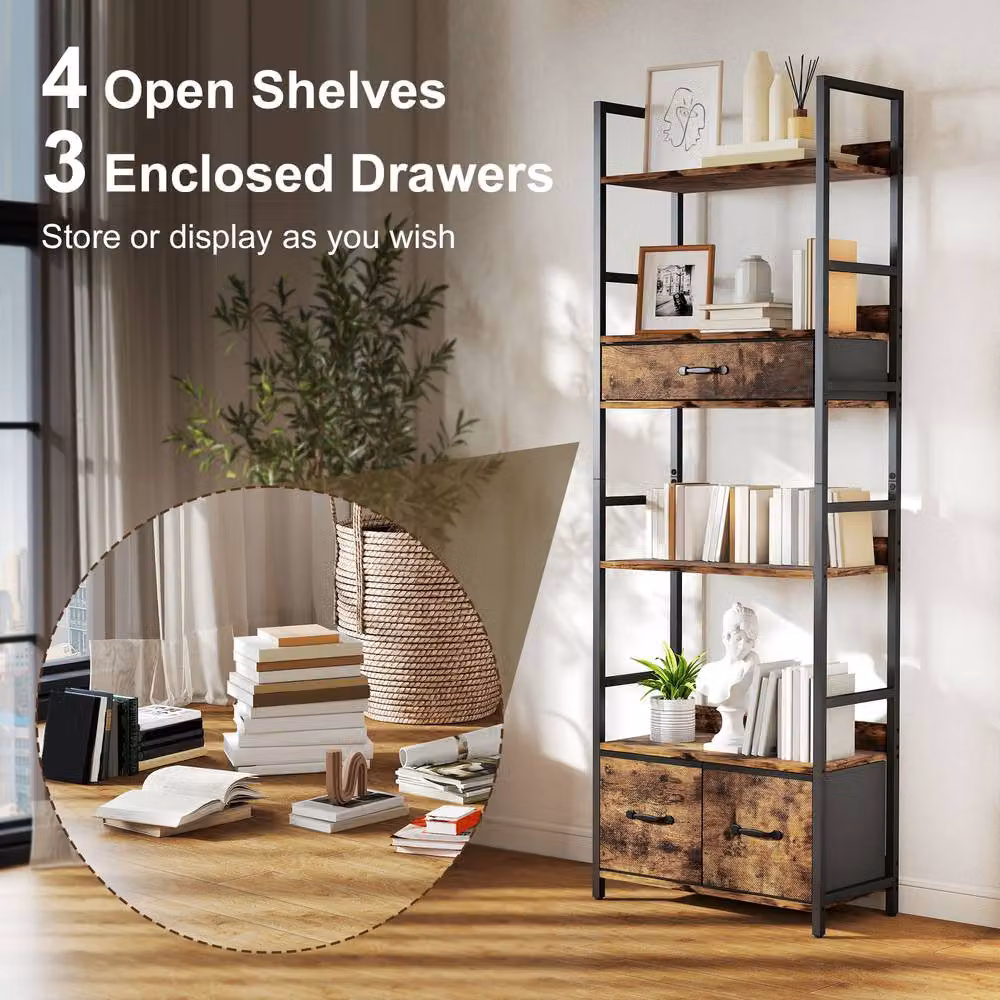 HOMCOM Industrial Bookshelf with 4 Shelves and 3 Fabric Drawers in Rustic Brown and Black – 4