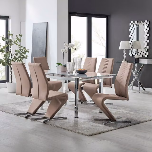 Furniturebox Enna White Glass Extending Dining Table and 6 Willow Chairs in Cappuccino