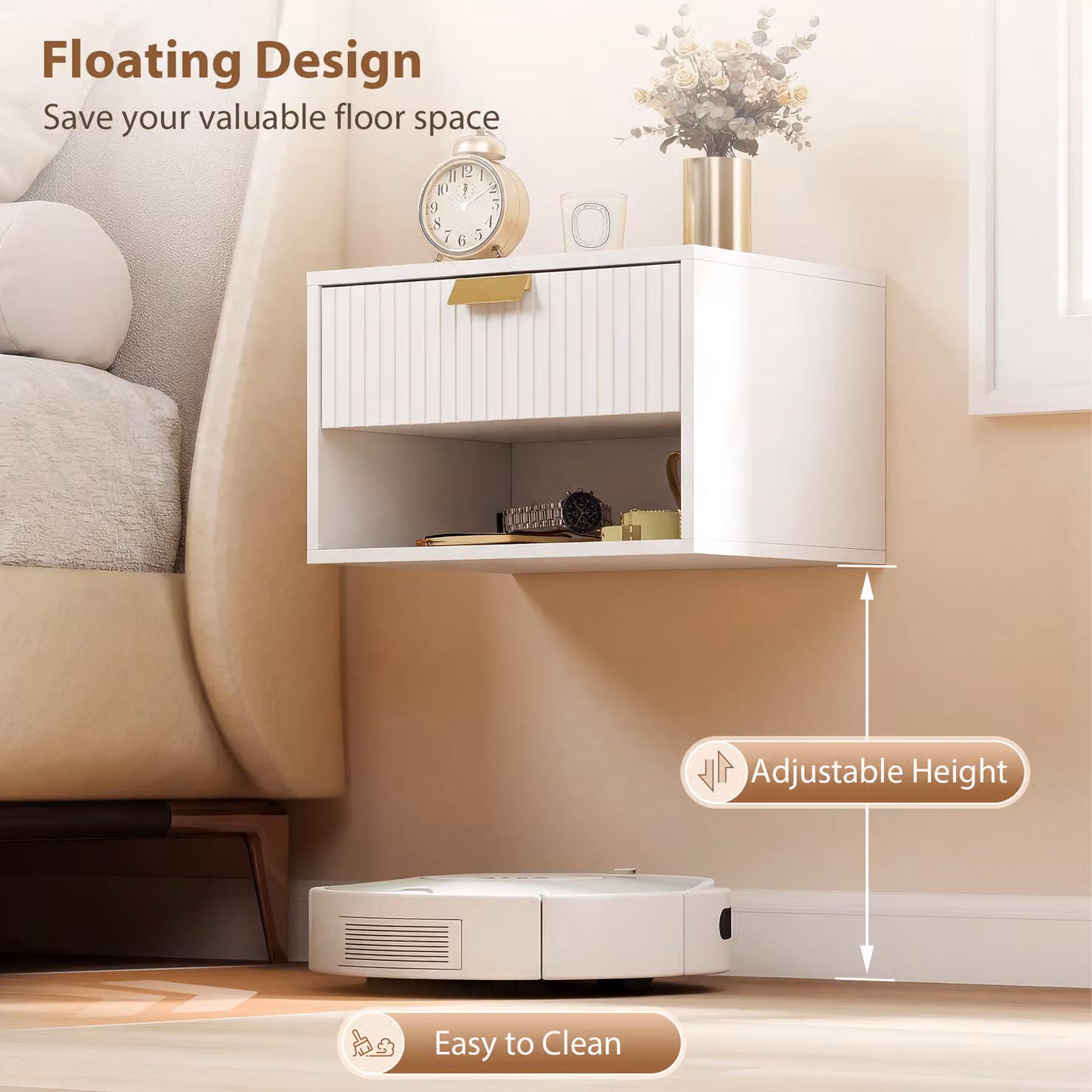 HOMCOM Set of 2 White and Gold Wall Mounted Floating Nightstands with Fluted Drawer and Open Shelf – 3