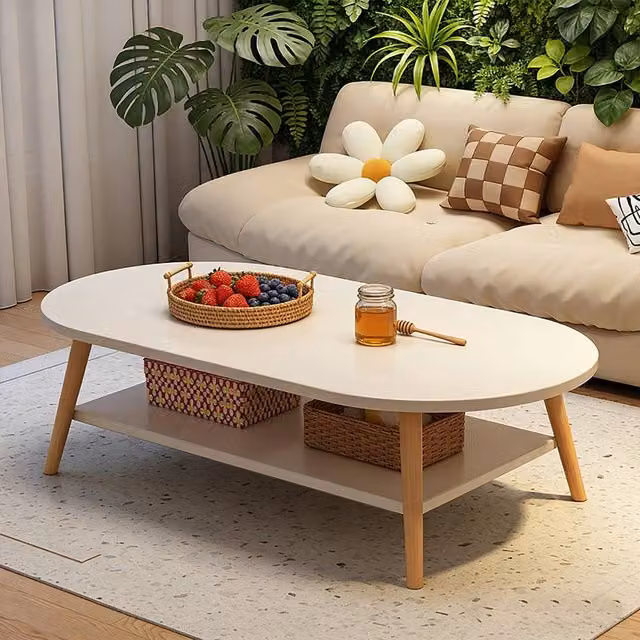 Ventryn Modern Two-Layer Oval Coffee Table in White Wood