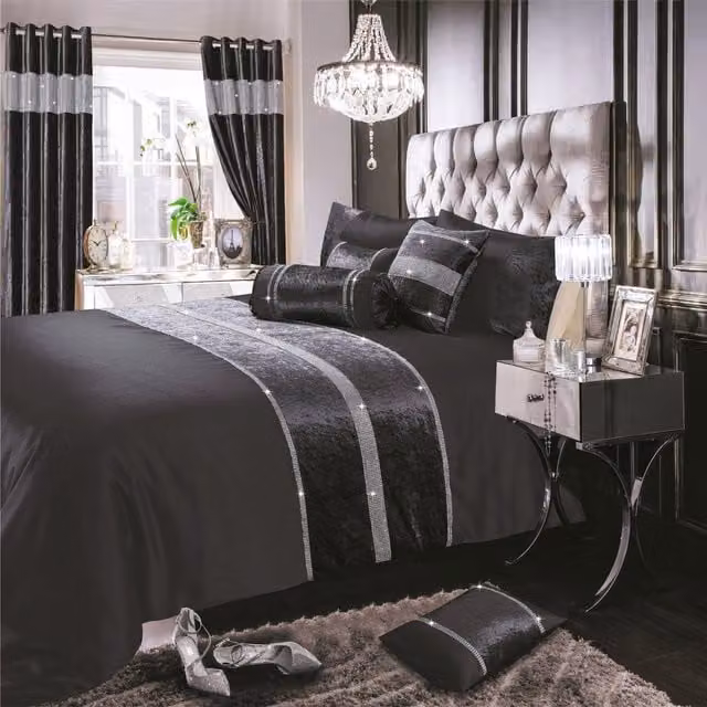 Intimates Luxury Crushed Velvet Duvet Cover and Pillowcase Set in Anthracite and Silver, W: 90 cm, L: 200 cm
