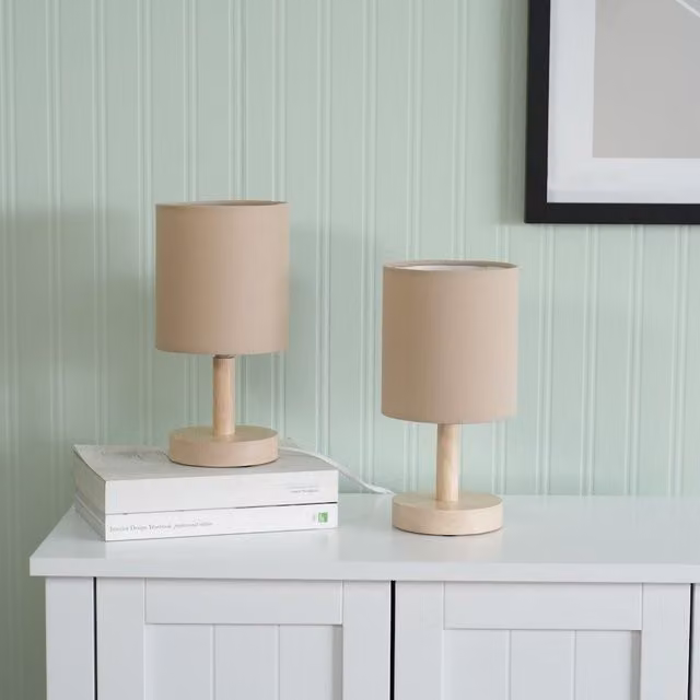 ValueLights Pair of Scandinavian Style Wooden Base Table Lamps with Beige Fabric Cylinder Shades and LED Bulbs