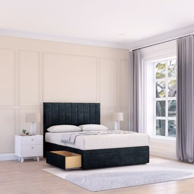 Sloomy Kansas King Size Divan Bed Base with 2 Drawers and 26 inch Struts Headboard in Black Velvet Fabric, W/D/H: 180 x 200 cm