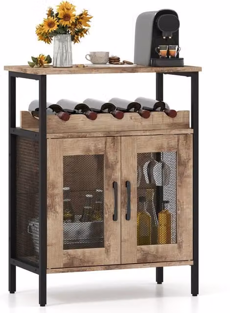 COSTWAY Industrial Brown Wood Wine Bar Cabinet with Glass Doors, Bottle Rack and Glass Holder