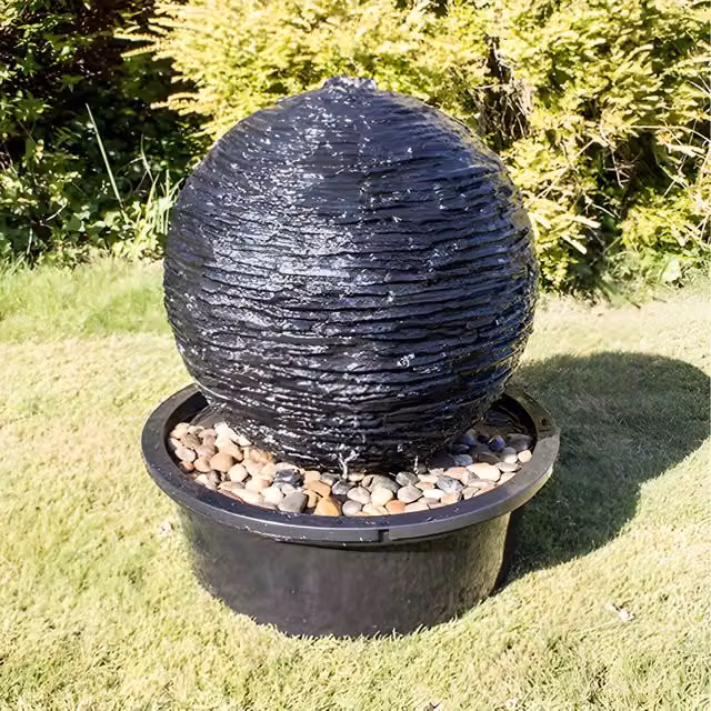 Primrose Torver Layered Slate Effect Sphere Water Feature with Lights in Brown and Black