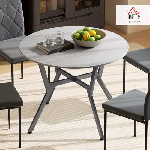 HOMCOM Modern Round Dining Table with Black Metal Legs in Grey – 2