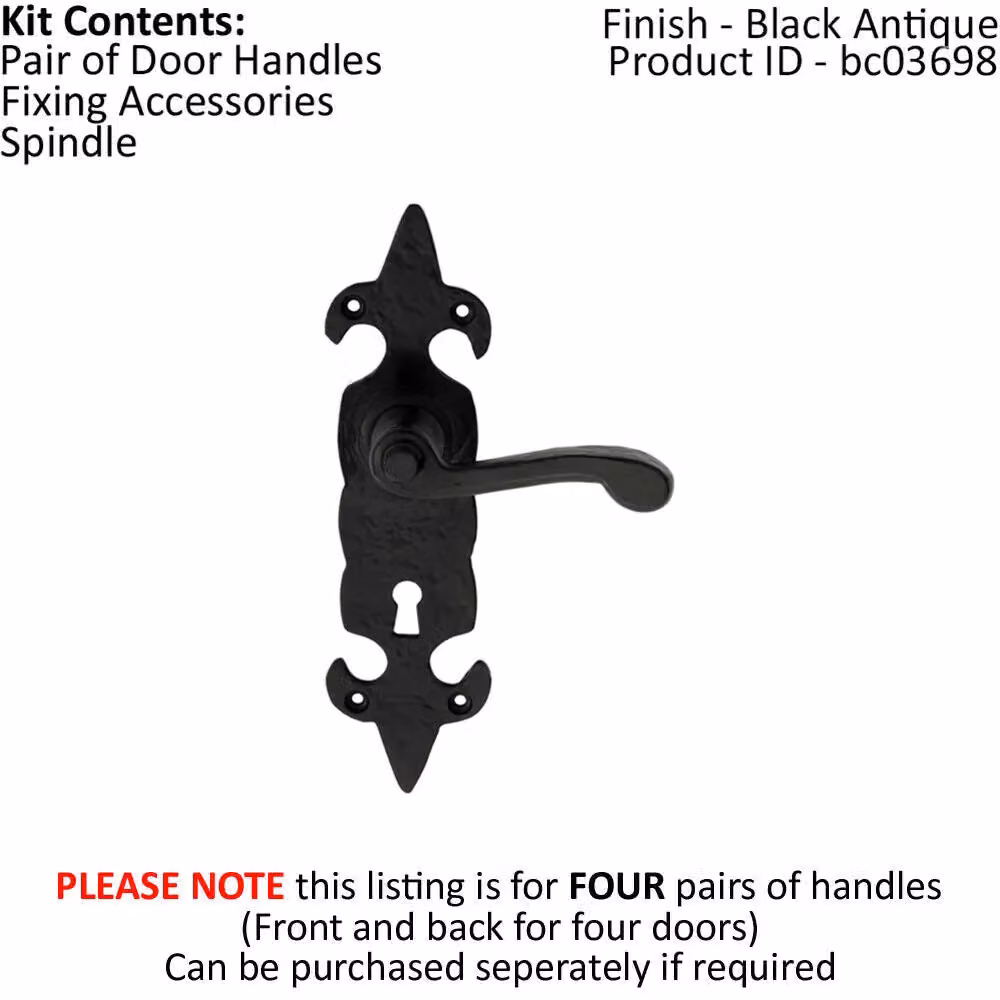 Loops 4 Pairs of Forged Scroll Lever Handles with Lock Backplate, Matt Black Antique, Backplate: 20.6 x 5.7 cm – 2