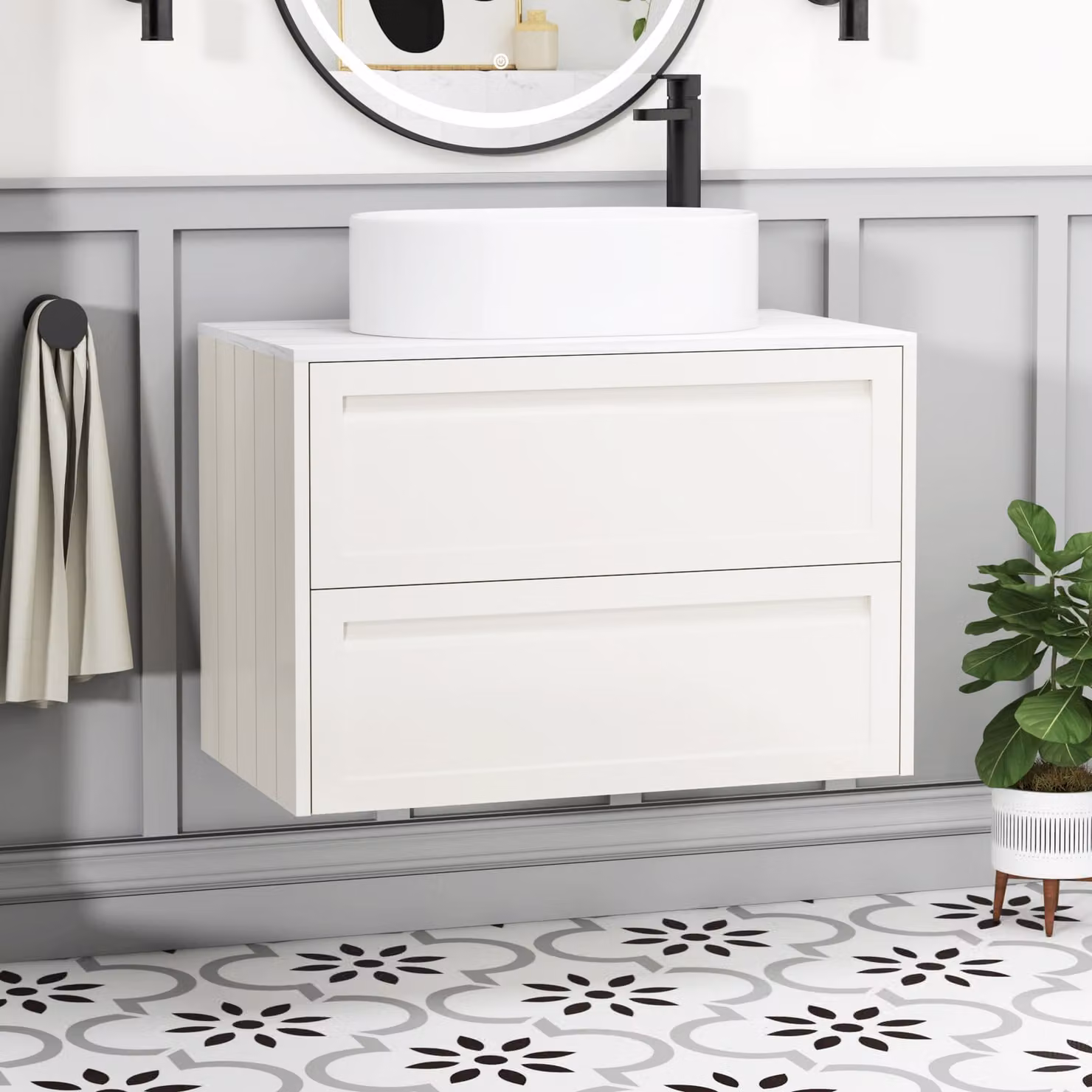 Royal Bathrooms Elmore Classic White Wall Hung 2 Drawer Vanity Unit with Peak Basin, Width: 80 cm