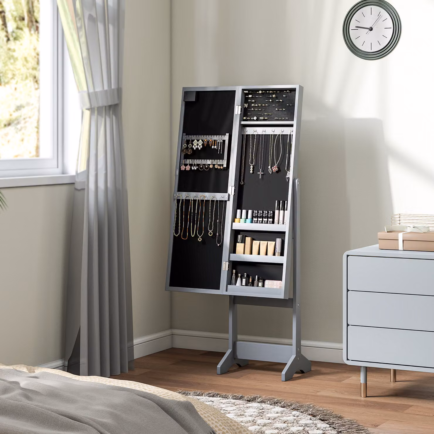 HOMCOM Free Standing Full-Length Mirror Jewellery Cabinet with LED Lights and Internal Storage, Grey – 5
