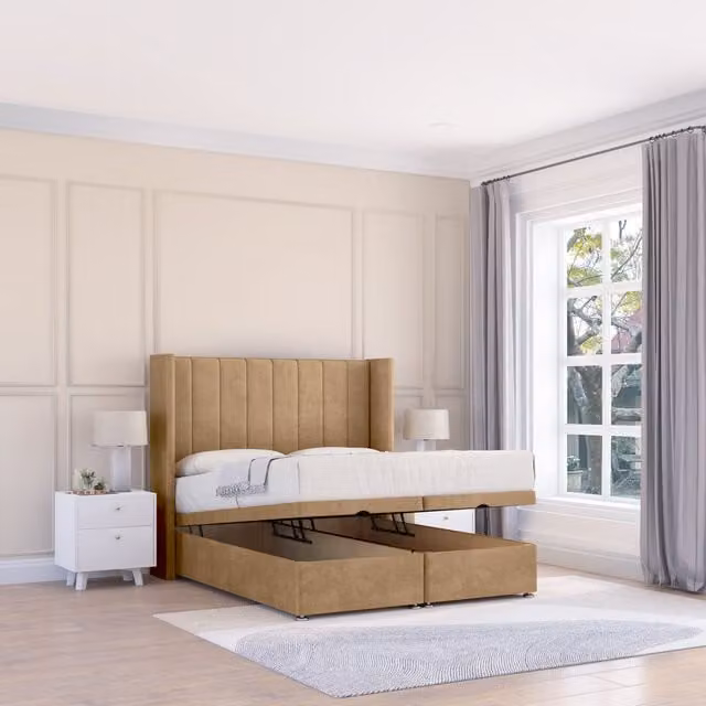 Sloomy Falcon Dumfries Single Fabric Ottoman Bed in Beige with Hybrid Memory Mattress and Winged Floorstanding Headboard