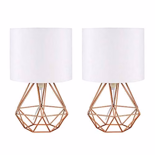 ValueLights Set of 2 Modern Copper Metal Basket Cage Table Lamps with White Fabric Shades – 1