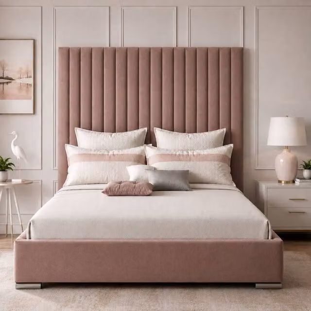 Stratus Interiors Romana Slim Paneled Upholstered Bed Frame in Pink, Size: Double (140 x 200 cm)