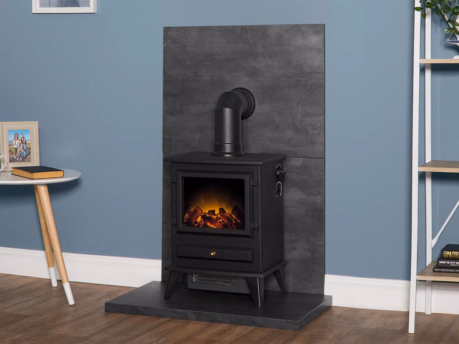 Acantha Fires & Fireplaces Tile and Hearth Set in Black Slate Venetian Plaster Effect with Hudson Stove and Angled Pipe – 2