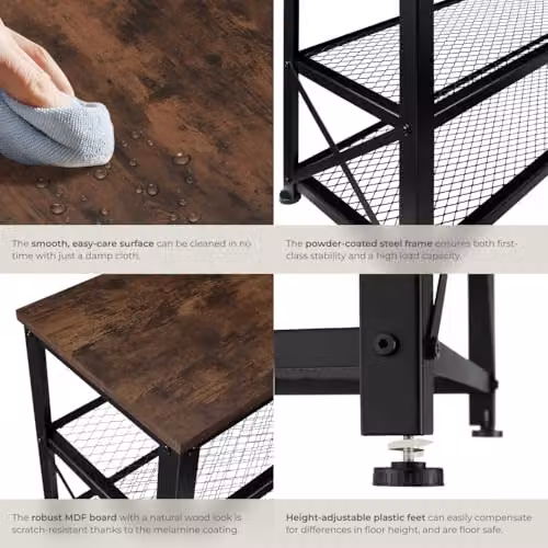 tectake 3-Tier Industrial Shoe Rack with Wood-Look Top Shelf and 2 Grid Shelves, Black W/D/H: 101 x 30.5 x 45.5 cm – 4