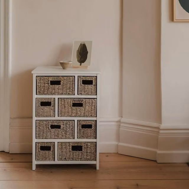 Tetbury Statement Furniture 8 Drawer Storage Unit in White with Whitewash Seagrass Baskets, W/D/H: 80 x 34 x 56 cm
