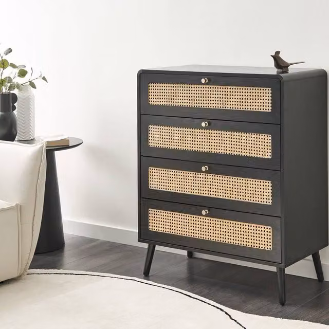 Wyld and Coco Black 4-Drawer Chest with Rattan Front and Pine Legs