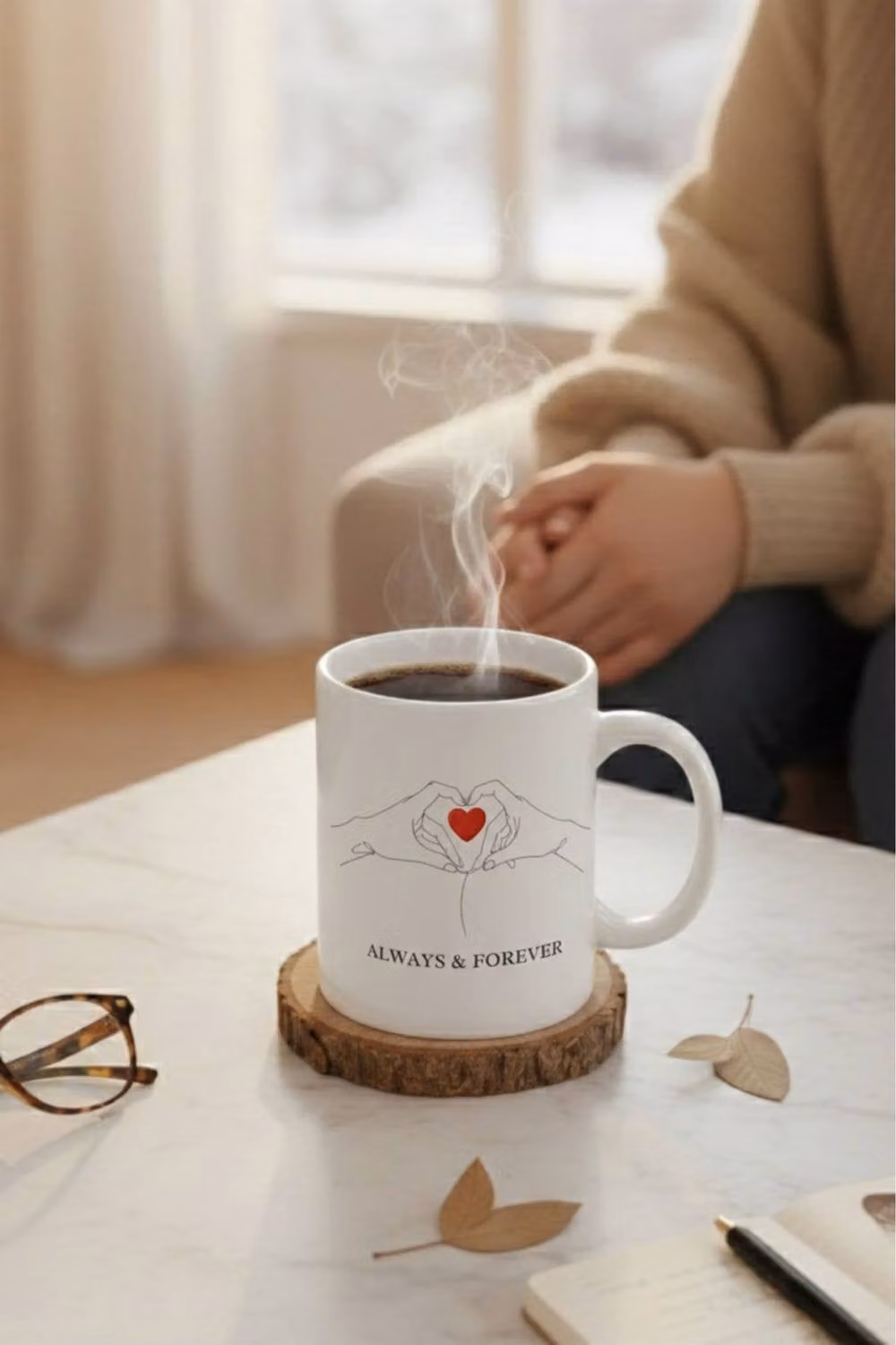 Dyzi Always & Forever Heart Line Art Printed Ceramic Mug in White and Red – 2