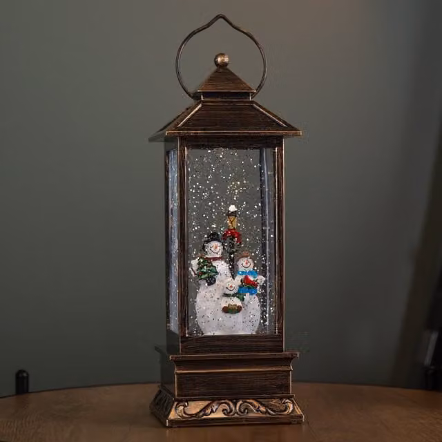 Samuel Alexander Bronze Christmas Water Spinner with Snowman Scene and LED Lights, Height: 27 cm