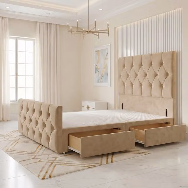 Somnior Beds Ltd Chesterfield Velvet Single Divan Bed Base with Drawers in Beige