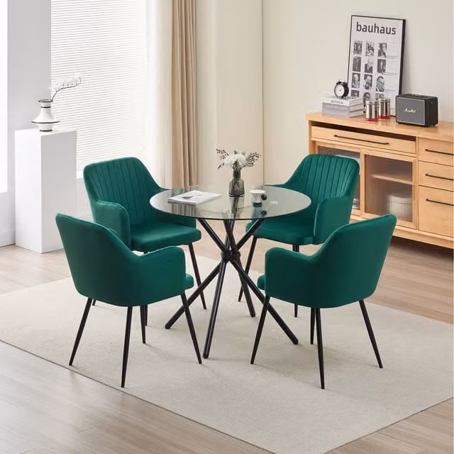 Madefor.living New York Round Glass Dining Table and Charlotte Green Velvet Upholstered Chairs Set