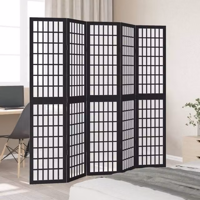 Berkfield Home 5-Panel Room Divider in Black Solid Paulownia Wood, H 180 cm x W 180 cm x D 1.6 cm