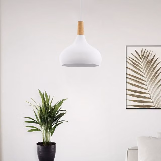 Eglo Sabinar Single Pendant Light in White and Wood with Metal Finish, Diameter: 28 cm