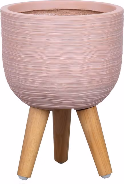 Primrose Round Textured Ceramic Patio Planter with Wooden Legs in Pink